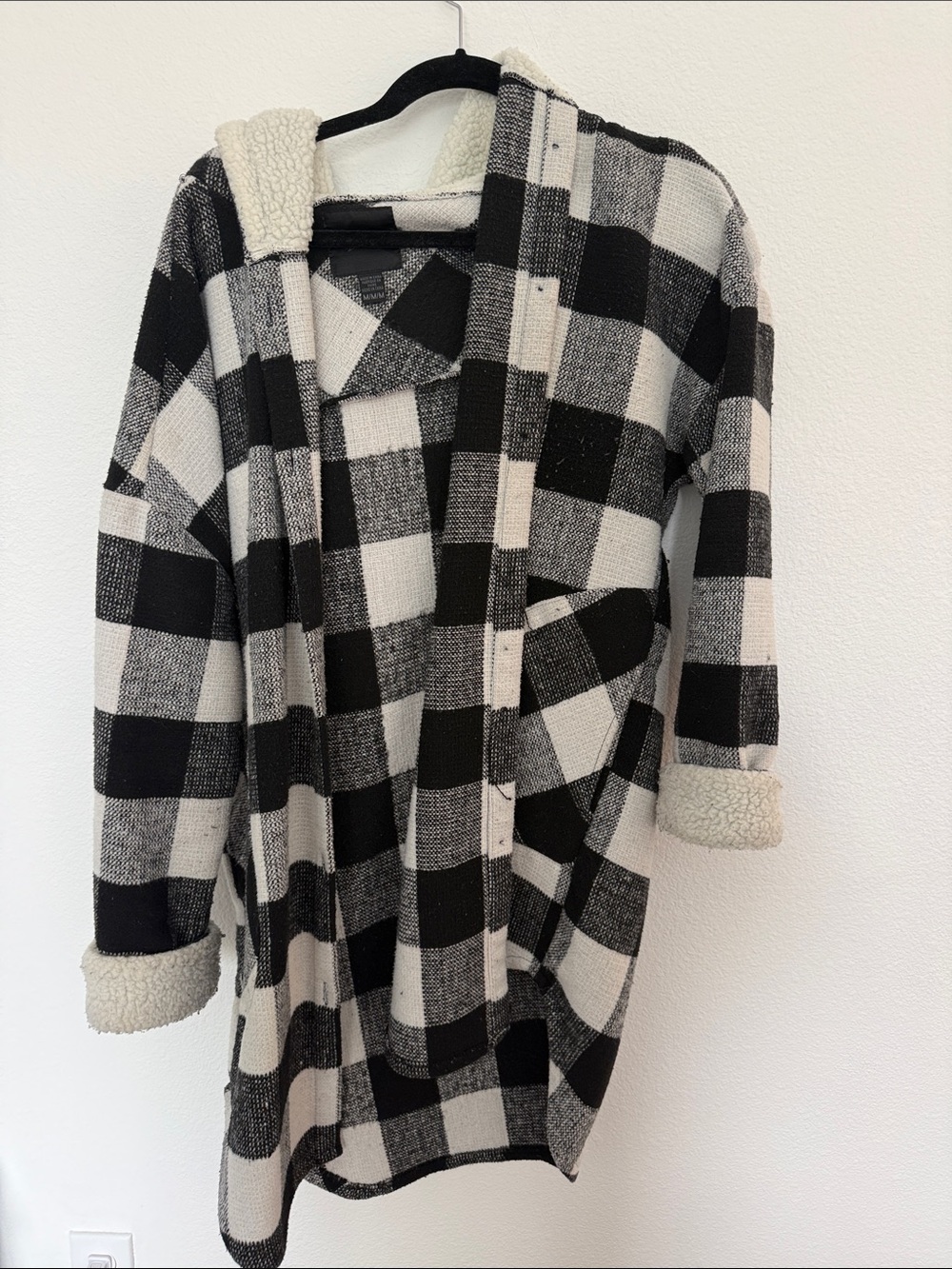 RD Style Black and Cream Buffalo Plaid Hooded Cardigan